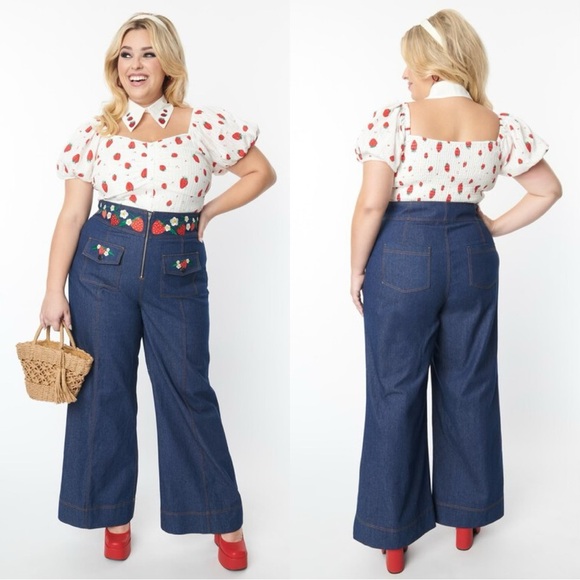 Smak Parlour Pants - Smak Parlour Strawberry Blossom Embroidered Denim Wide Leg Pants High Rise 4X